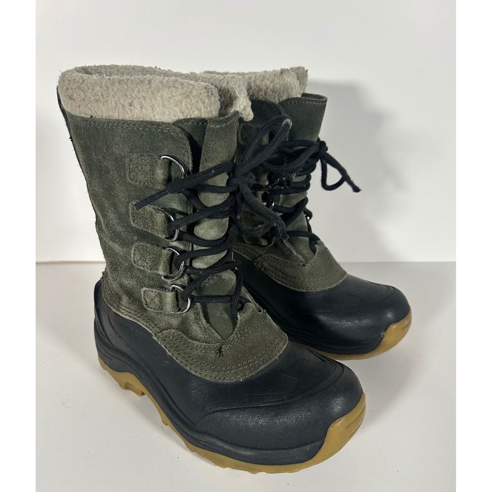 Lands End Boys Snow Boots Olive Green Black Suede Winter Lace Up Size 1 394530